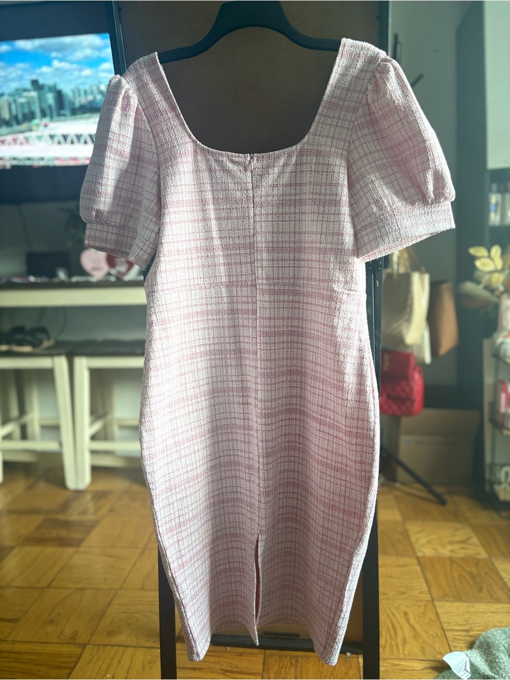 SHEIN Pink Plaid Puff-Sleeve Midi Dress with Pearl Buttons - Picture 7 of 8
